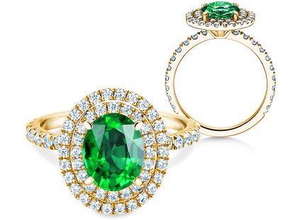 Verlovingsring Double Halo in 14K geelgoud met smaragd 0,60ct en diamanten 0,44ct