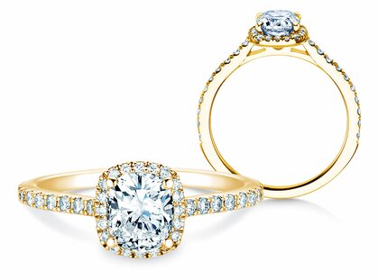 Verlovingsring Halo Cushion Pavé in 14K geelgoud met diamanten 0,50ct G/SI